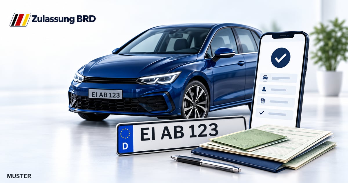 Online Fahrzeugzulassung in Gaimersheim: Musterkennzeichen EI AB 123, Auto und Fahrzeugpapiere und Smartphone. Illustration mit Logo von Zulassung BRD.